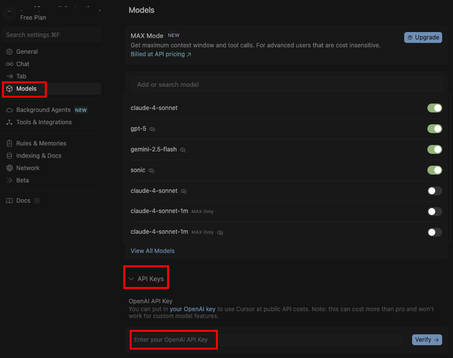Cursor API Key Configuration